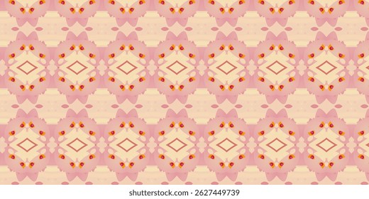 Seamless cream floral and butterfly-inspired pattern with symmetrical design. Suitable for girly textiles, wrapping paper, and whimsical backgrounds.