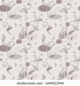 Аbstract seamless cream pattern with circles and swirls. Brown background.