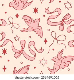 Seamless cream and pink tone background with abstract birds, ribbons and stars. Doodle hand drawn coquette print. Wedding or Valentine's Day wrapping paper. Endless romantic wonderland