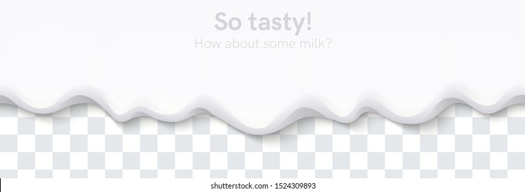 Seamless creamy liquid, yogurt cream, ice cream or milk melting and flowing on transparent background. White creamy drips. Simple cartoon design. Template for banner. Realistic vector illustration.