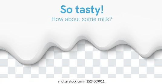Seamless creamy liquid, yogurt cream, ice cream or milk melting and flowing on transparent background. White creamy drips. Simple cartoon design. Template for banner. Realistic vector illustration.