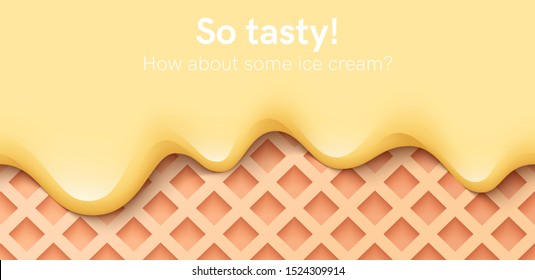 Seamless creamy liquid, yogurt cream, ice cream or milk melting and flowing on a waffle. Yellow banana drips. Simple cartoon design. Background for banner or poster. Realistic vector illustration