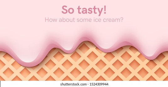 Seamless creamy liquid, yogurt cream, ice cream or milk melting and flowing on a waffle. Pink cherry creamy drips. Simple cartoon design. Background for banner. Realistic vector illustration.