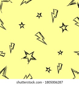 Seamless Cream-yellow Star And Lightning Pattern Backdrop For Rock Music Concept. Hand-drawn Icons Flat Design Use For Website, Decorative Wallpaper, Good For Printing Vector Illustration.