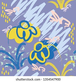 Seamless creative background in doodles art style. Abstract floral pattern with hand drawn texture and floral elements. For textile, cover, wallpaper, gift packaging, printing