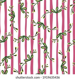 Seamless creative botay pattern with green random floral branches print. Pink and white striped background. Designed for fabric design, textile print, wrapping, cover. Vector illustration.