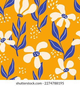 Seamless creative floral pattern. Fancy naive blooms, texture design for fabric, textile. Colored flat graphic vector illustration.