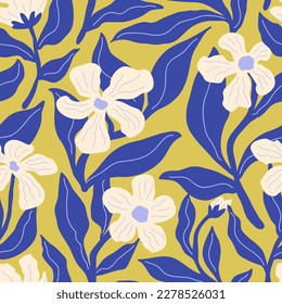 Seamless creative floral pattern. Fancy naive blooms, texture design for fabric, textile. Colored flat graphic vector illustration.