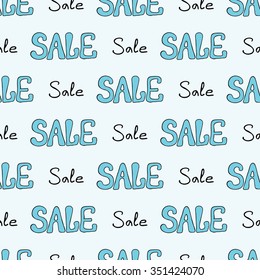 Seamless creative hand-drawn abstract pattern with sale sign in pale blue and black colors. Vector illustration.