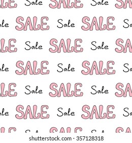 Seamless creative hand-drawn abstract pattern with sale sign in pale pink and black colors. Vector illustration.