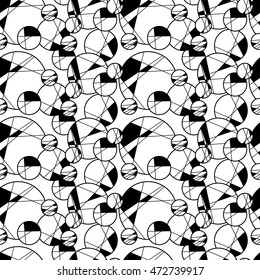 Seamless creative hand-drawn pattern of circles elements in black and white colors. Vector illustration.
