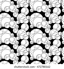 Seamless creative hand-drawn pattern of circles elements in black and white colors. Vector illustration.