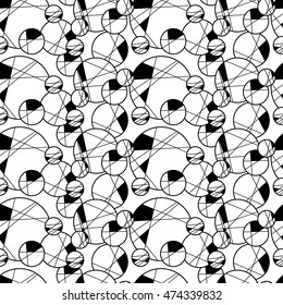 Seamless creative hand-drawn pattern of circles elements in black and white colors. Vector illustration.