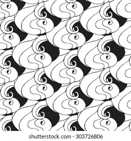 Seamless creative hand-drawn pattern composed of wavy abstract elements in black and white colors. Vector illustration.