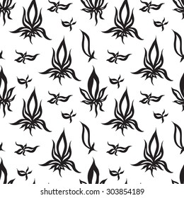 Seamless creative hand-drawn pattern composed of stylized flowers in black and white colors. Vector illustration.