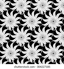 Seamless creative hand-drawn pattern composed of stylized flowers in black and white colors. Vector illustration.