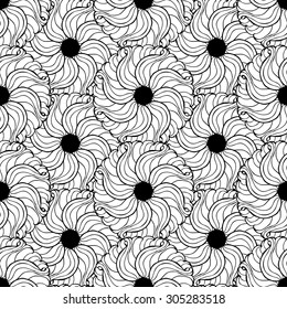 Seamless creative hand-drawn pattern composed of stylized flowers in black and white colors. Vector illustration.