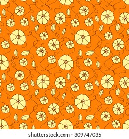 Seamless creative hand-drawn pattern composed of stylized flowers in yellow and bright orange colors. Vector illustration.