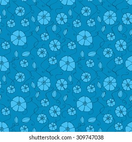 Seamless creative hand-drawn pattern composed of stylized flowers in cyan and turquoise colors. Vector illustration.