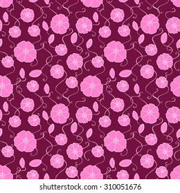 Seamless creative hand-drawn pattern composed of stylized flowers in bright pink and dark mauve colors. Vector illustration.