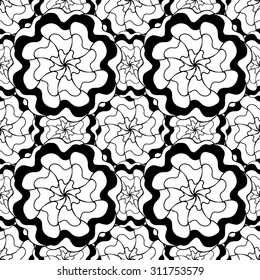 Seamless creative hand-drawn pattern composed of stylized flowers in black and white colors. Vector illustration.