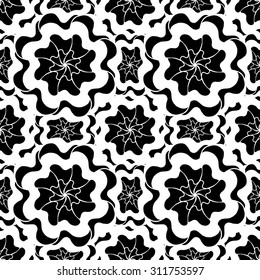 Seamless creative hand-drawn pattern composed of stylized flowers in black and white colors. Vector illustration.