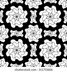 Seamless creative hand-drawn pattern composed of stylized flowers in black and white colors. Vector illustration.