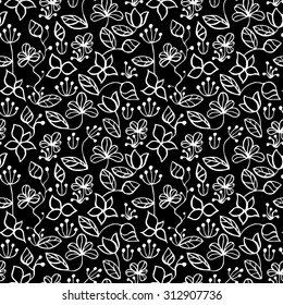 Seamless creative hand-drawn pattern composed of stylized flowers in black and white colors. Vector illustration.