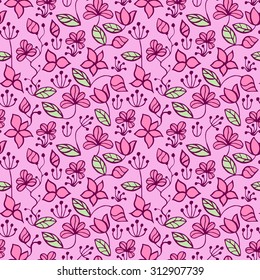 Seamless creative hand-drawn pattern composed of stylized flowers in pale pink, pistachio and orchid colors. Vector illustration.