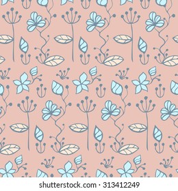 Seamless creative hand-drawn pattern composed of stylized flowers in cyan, beige and pale chestnut colors. Vector illustration.