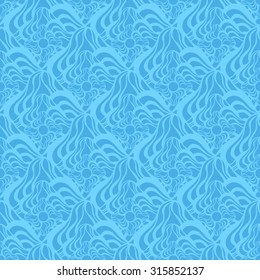 Seamless creative hand-drawn pattern composed of wavy abstract elements in pastel blue and light cyan colors. Vector illustration. 