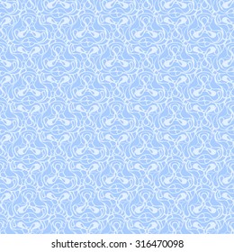 Seamless creative hand-drawn pattern composed of wavy abstract elements in pale azure and cornflower blue colors. Vector illustration. 
