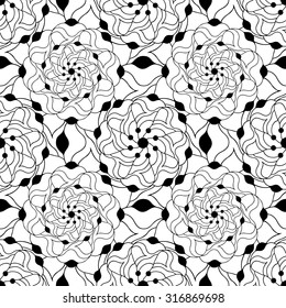 Seamless creative hand-drawn pattern composed of stylized flowers in black and white colors. Vector illustration.