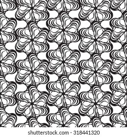 Seamless creative hand-drawn pattern composed of stylized flowers in black and white colors. Vector illustration.