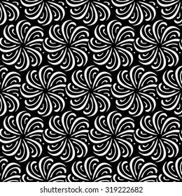 Seamless creative hand-drawn pattern composed of wavy stylized flowers in black and white colors. Vector illustration.