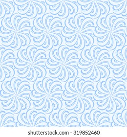 Seamless creative hand-drawn pattern composed of wavy stylized flowers in pale azure and cornflower blue colors. Vector illustration.
