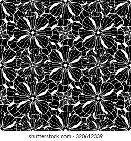 Seamless creative hand-drawn pattern composed of wavy stylized flowers in black and white colors. Vector illustration.