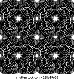 Seamless creative hand-drawn pattern composed of wavy stylized flowers in black and white colors. Vector illustration.
