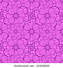 Seamless creative hand-drawn pattern composed of stylized flowers in bright fuchsia and dark purple colors. Vector illustration.