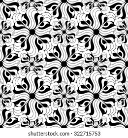 Seamless creative hand-drawn pattern composed of wavy abstract elements in black and white colors. Vector illustration.