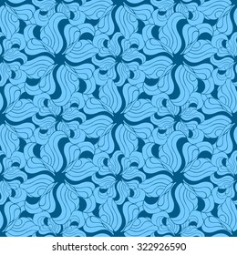 Seamless creative hand-drawn pattern composed of wavy abstract elements in pale azure and turquoise colors. Vector illustration.