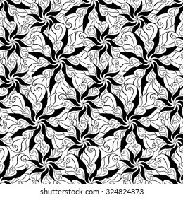 Seamless creative hand-drawn pattern composed of stylized flowers in black and white colors. Vector illustration.