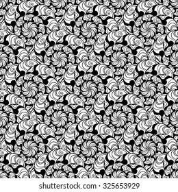 Seamless creative hand-drawn pattern composed of wavy stylized flowers in black and white colors. Vector illustration.