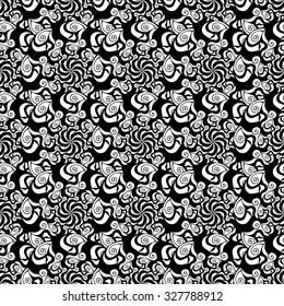 Seamless creative hand-drawn pattern composed of wavy stylized flowers in black and white colors. Vector illustration.