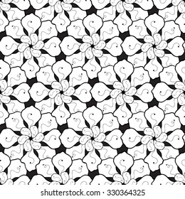 Seamless creative hand-drawn pattern composed of wavy stylized flowers in black and white colors. Vector illustration.