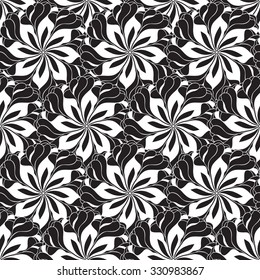 Seamless creative hand-drawn pattern composed of stylized flowers in black and white colors. Vector illustration.