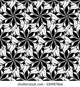 Seamless creative hand-drawn pattern composed of stylized flowers in black and white colors. Vector illustration.
