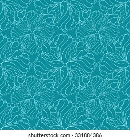 Seamless creative hand-drawn pattern composed of stylized flowers in light cyan and turquoise colors. Vector illustration.