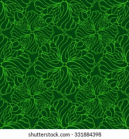 Seamless creative hand-drawn pattern composed of stylized flowers in bright lime and dark green colors. Vector illustration.
