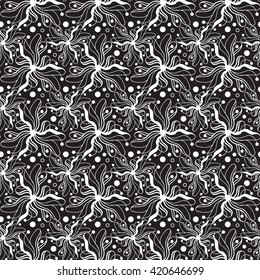 Seamless creative hand-drawn pattern composed of stylized flowers in black and white colors. Vector illustration.